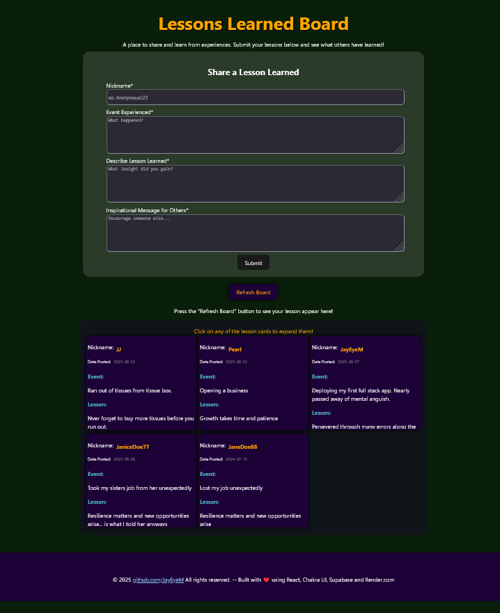 Screen shot of Lessons Learned App